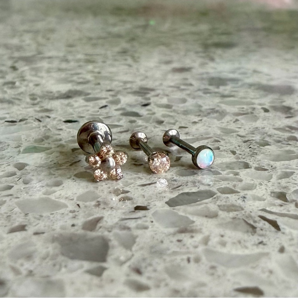 Champagne Moissanite Opal Threadless Labret Stud Earrings Titanium Posts 14g 18g